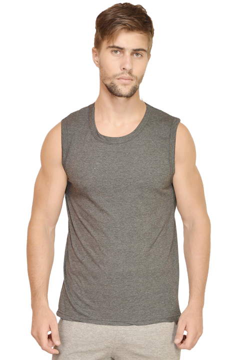 Charcoal Grey Round Neck Sleeveless T-shirt for Men