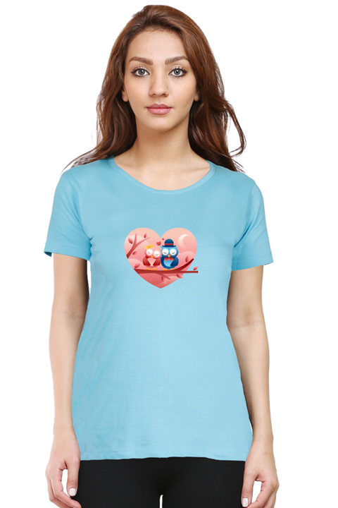 Owls in Love Valentine T-Shirt for Women - Sky Blue