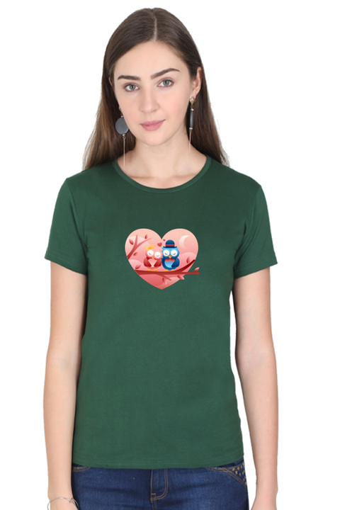 Owls in Love Valentine T-Shirt for Women - Bottle Green