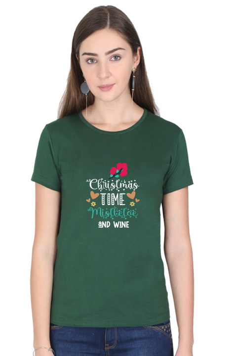 Christmas Time Mistletoe & Wine T-Shirt for Women - Bottle Green