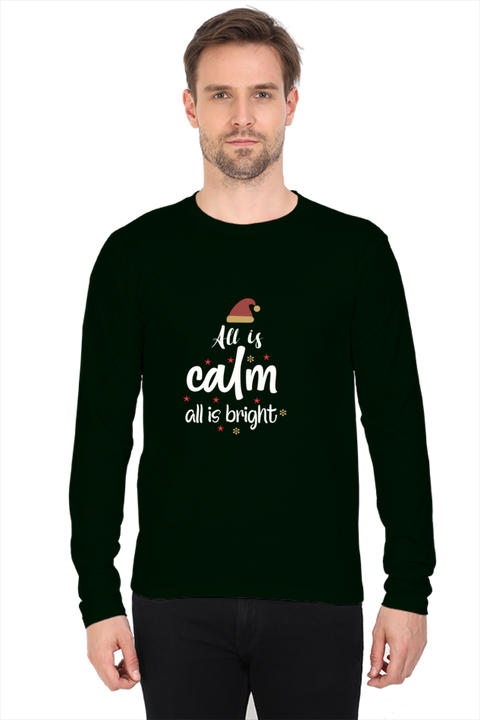 All is Bright Christmas Full Sleeve T-Shirt for Men - Bottle Green