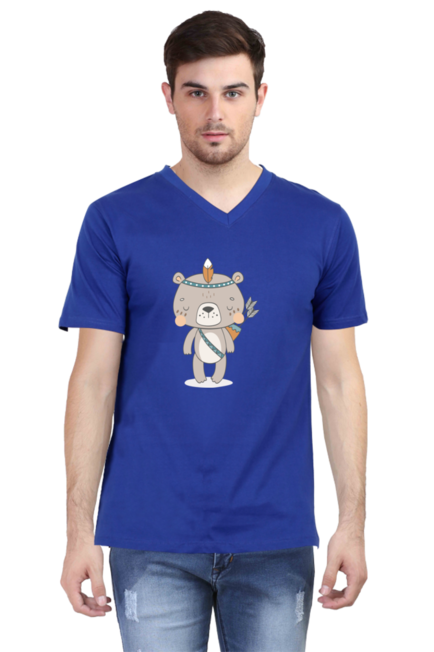 Tribal Forest Bear Royal Blue V-Neck T-Shirt for Men