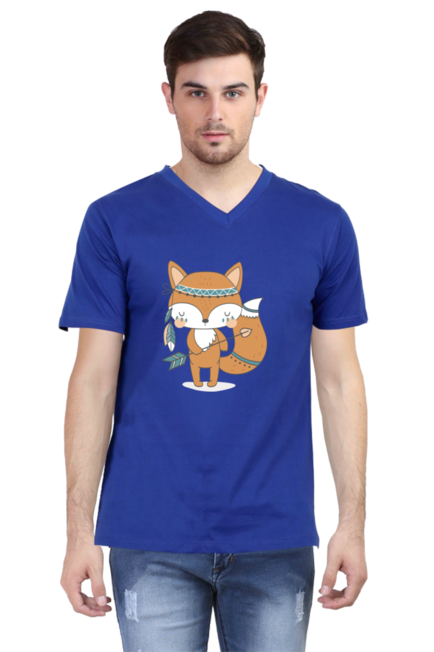 Tribal Fox V-Neck Royal Blue T-Shirt for Men