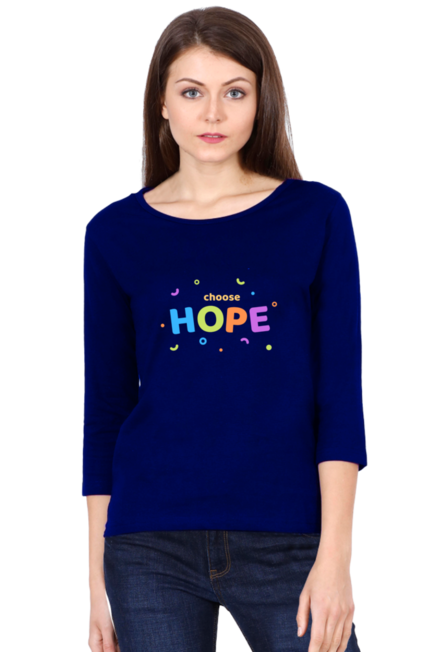 Royal Blue Choose Hope Full Sleeve Round Neck T-Shirt for Women