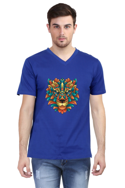 Royal Blue Modern Lion V-Neck T-Shirt for Men
