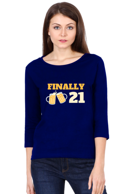 Royal Blue Finally 21 Full Sleeve Round Neck T-Shirt for Women