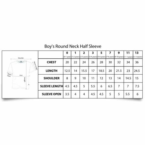 Half Sleeves Sky Blue T-Shirt for Boy's & Infants Size Chart
