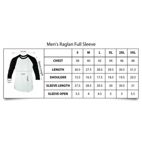 Plain Black White Raglan T-Shirt for Men Size Chart