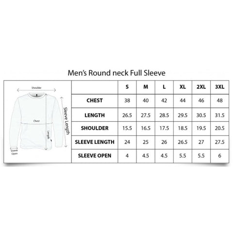 Plain Black Round Neck Full Sleeve T-Shirt for Men Size Chart