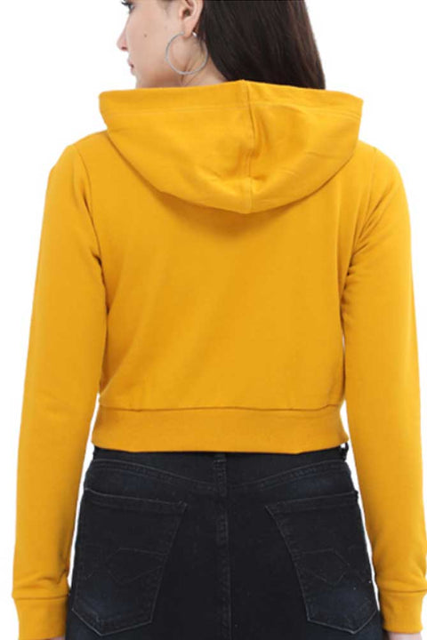 Donut Worry, Be Happy Mustard Yellow Crop Hoodies for Women Back